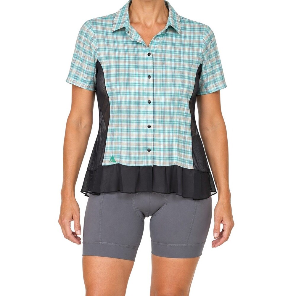 Cogma Bikewear Cycling Jersey Women 10 Plaid Snap Front Fun Pleated Mesh Hem NEW